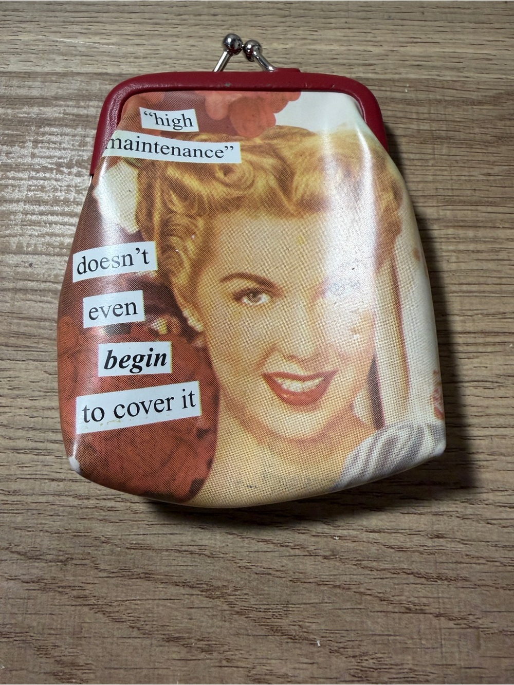 Anne Taintor Red Printed Kiss-Lock Coin Purse with Retro Artwork